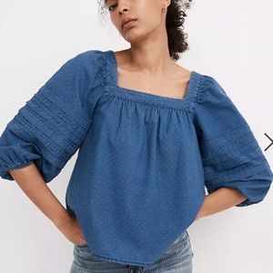 Madewell Denim Square-Neck Pleat Sleeve Top